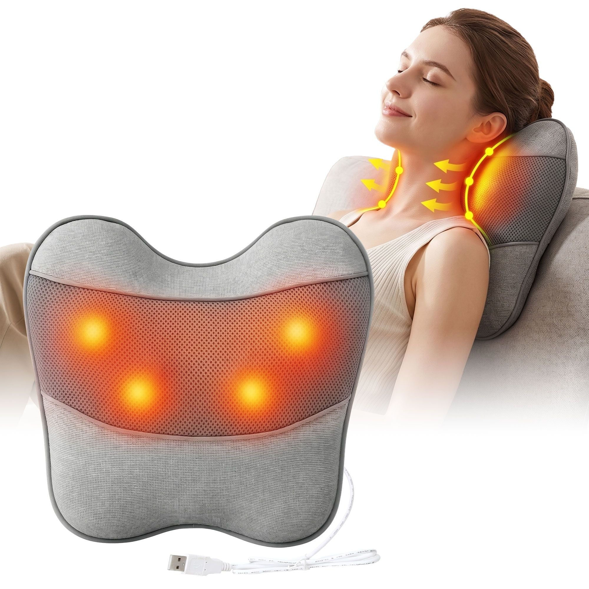 Livemor USB Back & Neck Massager Pillow with Heat - Grey