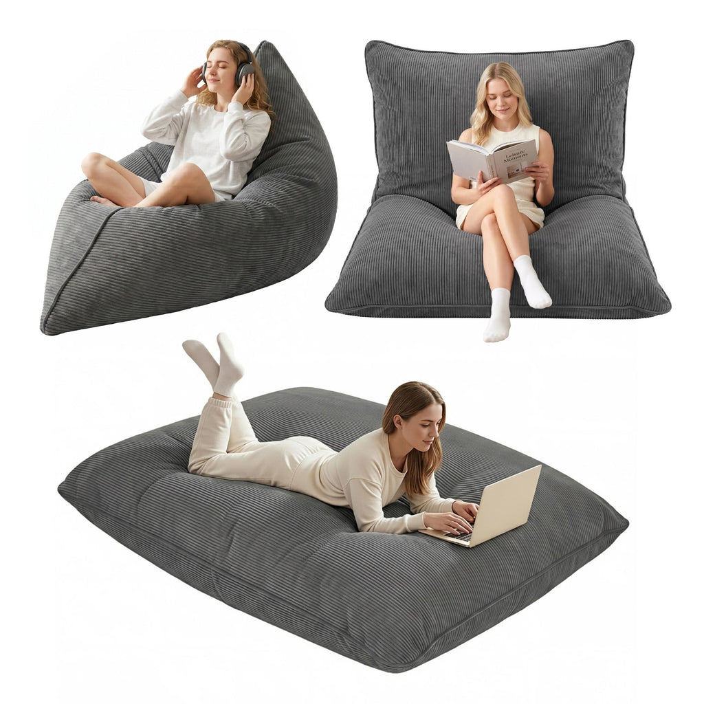 Artiss 3-in-1 Convertible Bean Bag Cover - Grey Corduroy