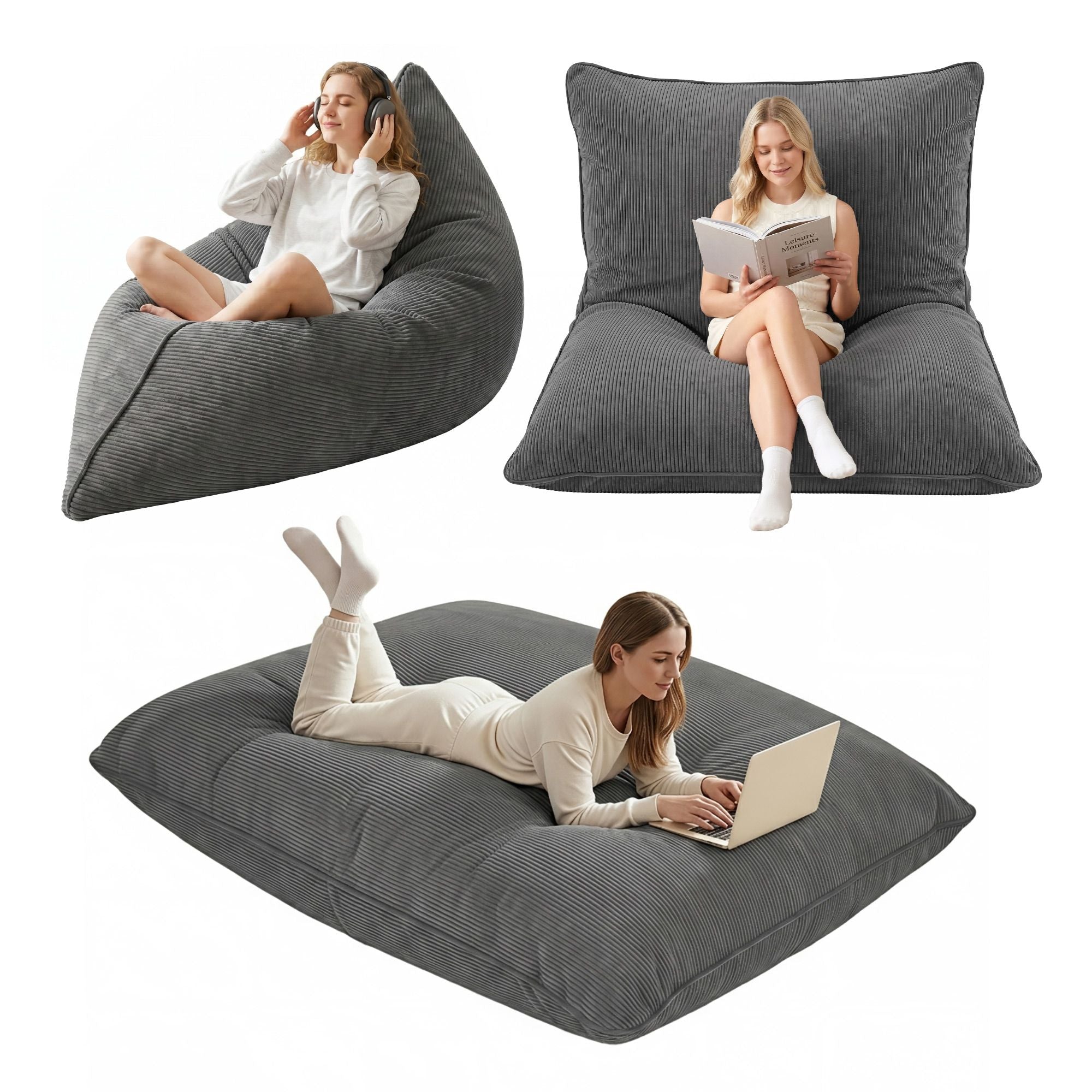 Artiss 3-in-1 Convertible Bean Bag Cover - Grey Corduroy