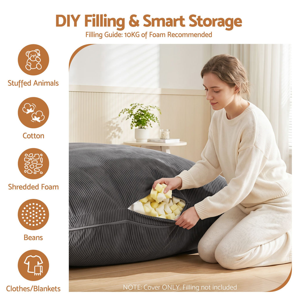 Artiss 3-in-1 Convertible Bean Bag Cover - Grey Corduroy