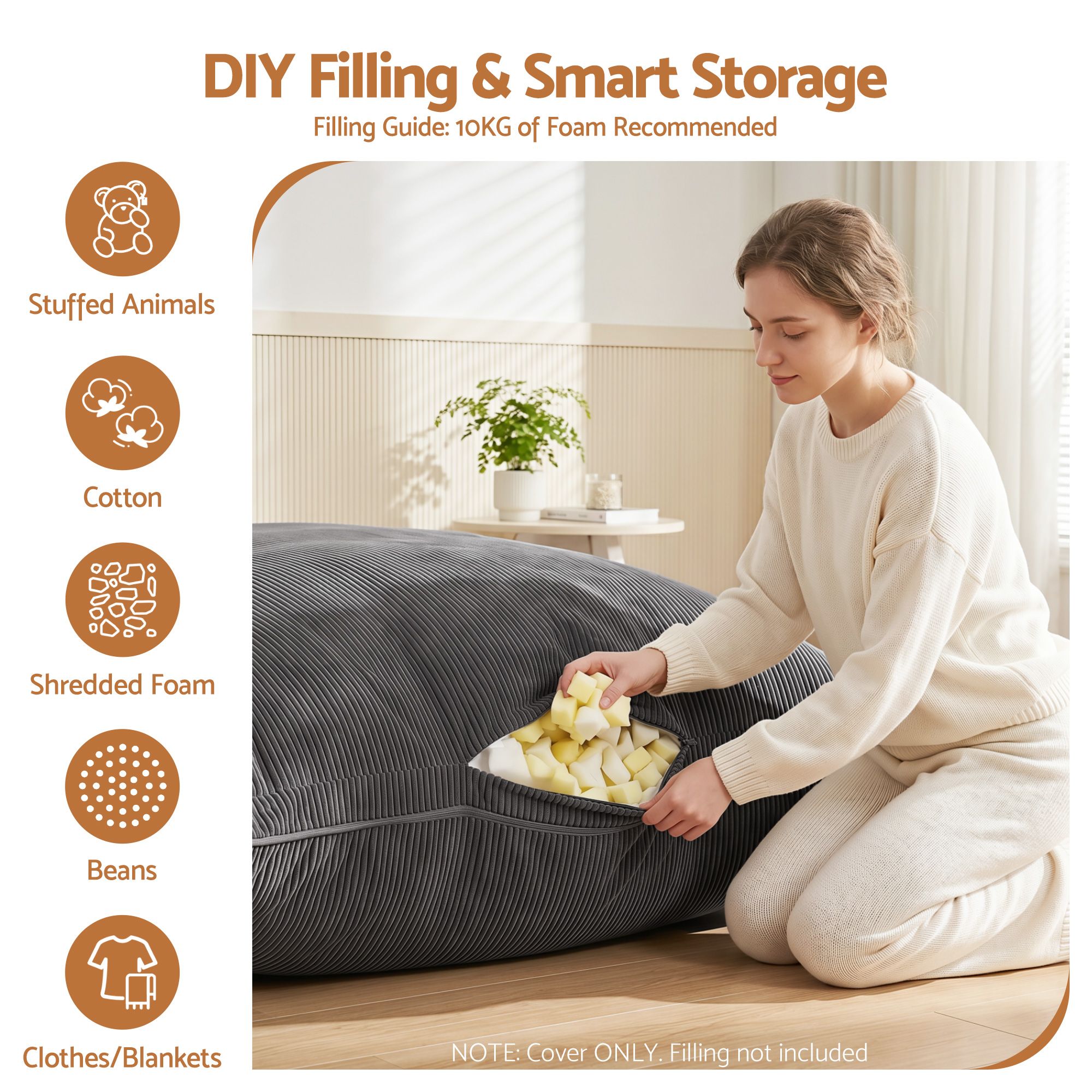 Artiss 3-in-1 Convertible Bean Bag Cover - Grey Corduroy