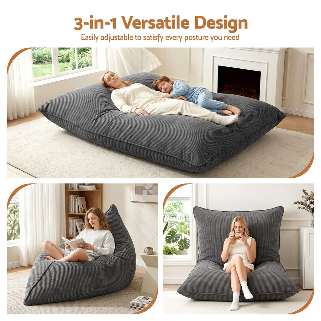 Artiss 3-in-1 Convertible Bean Bag Cover - Grey Corduroy