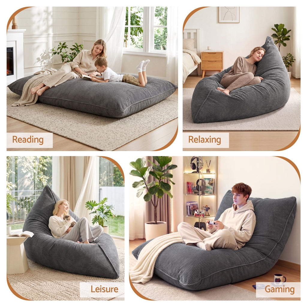 Artiss 3-in-1 Convertible Bean Bag Cover - Grey Corduroy