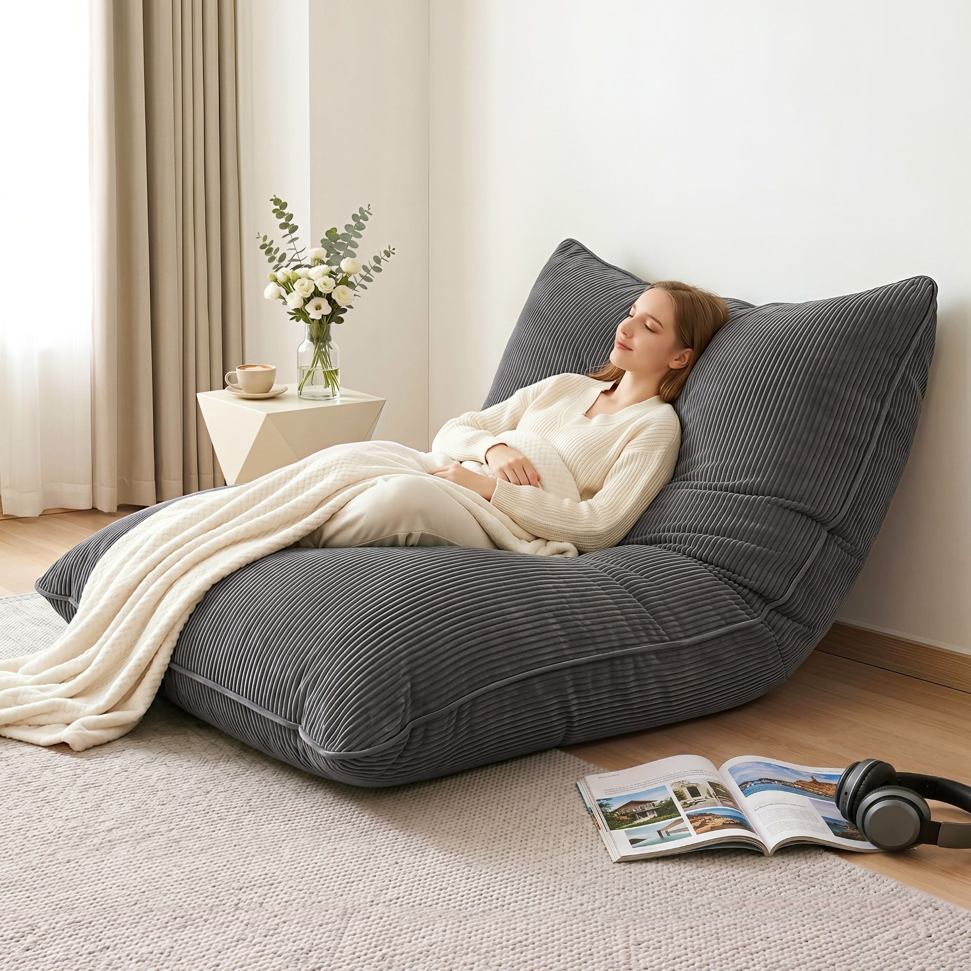 Artiss 3-in-1 Convertible Bean Bag Cover - Grey Corduroy