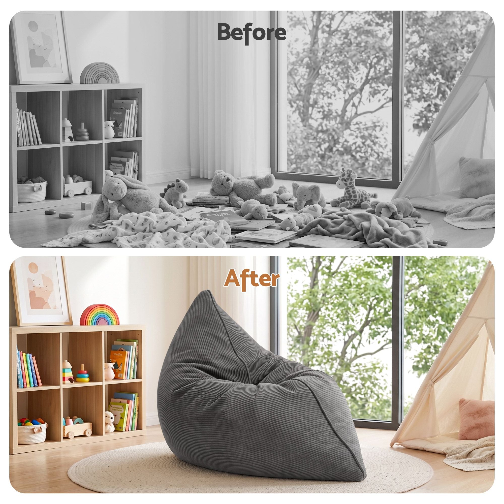 Artiss 3-in-1 Convertible Bean Bag Cover - Grey Corduroy
