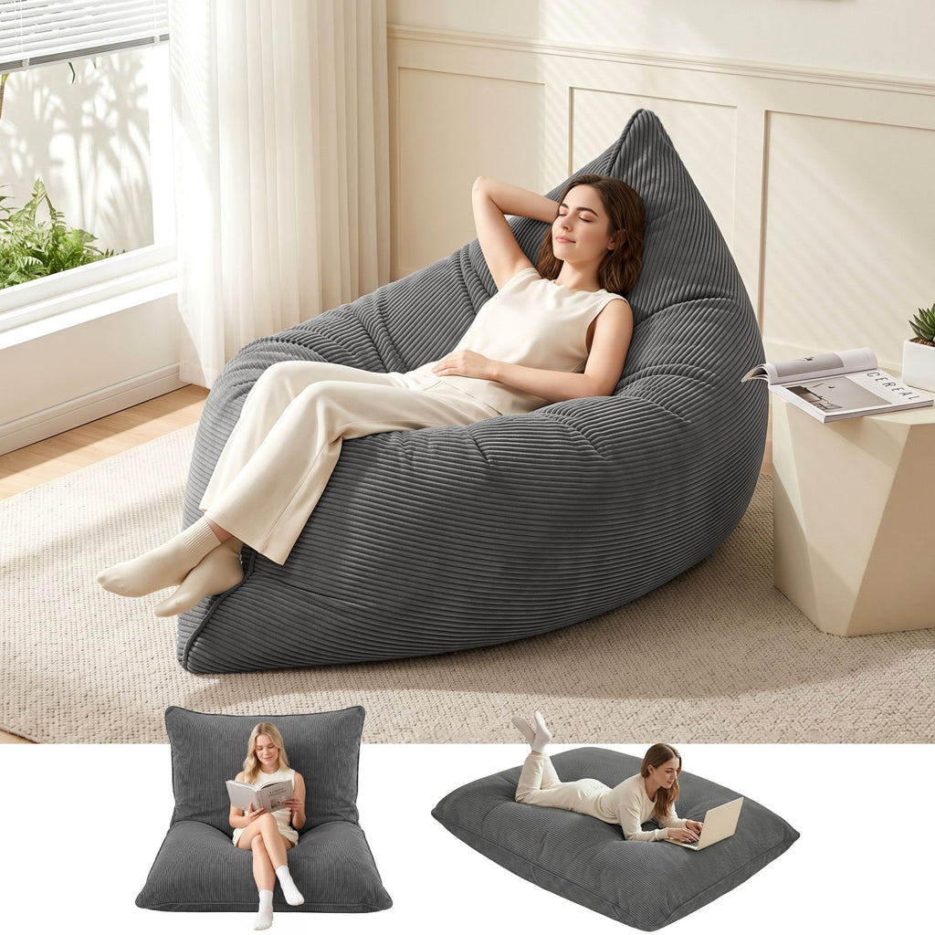 Artiss 3-in-1 Convertible Bean Bag Cover - Grey Corduroy