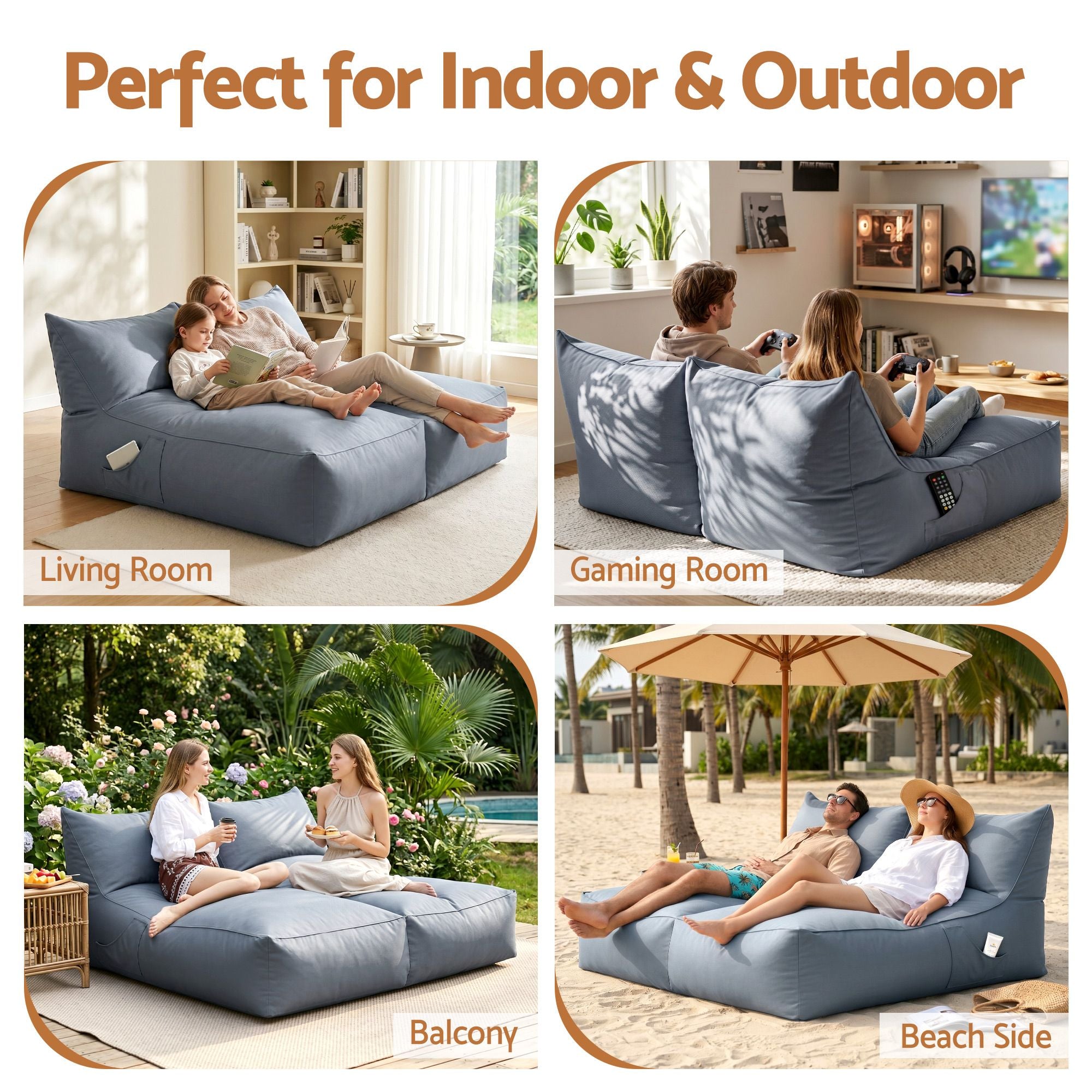 Artiss Outdoor 2-Seater Bean Bag Cover - Grey