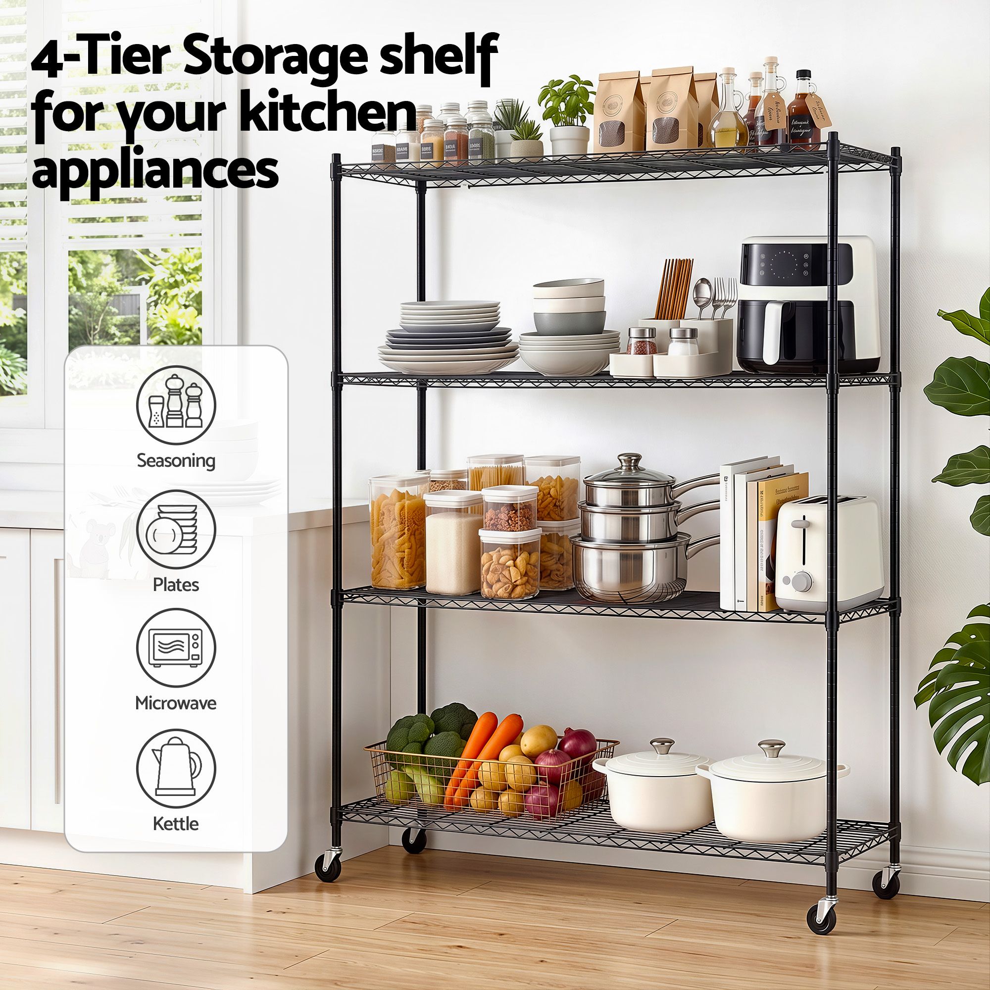 Artiss 4-Tier Kitchen Rack with Wheels 152x45x187cm