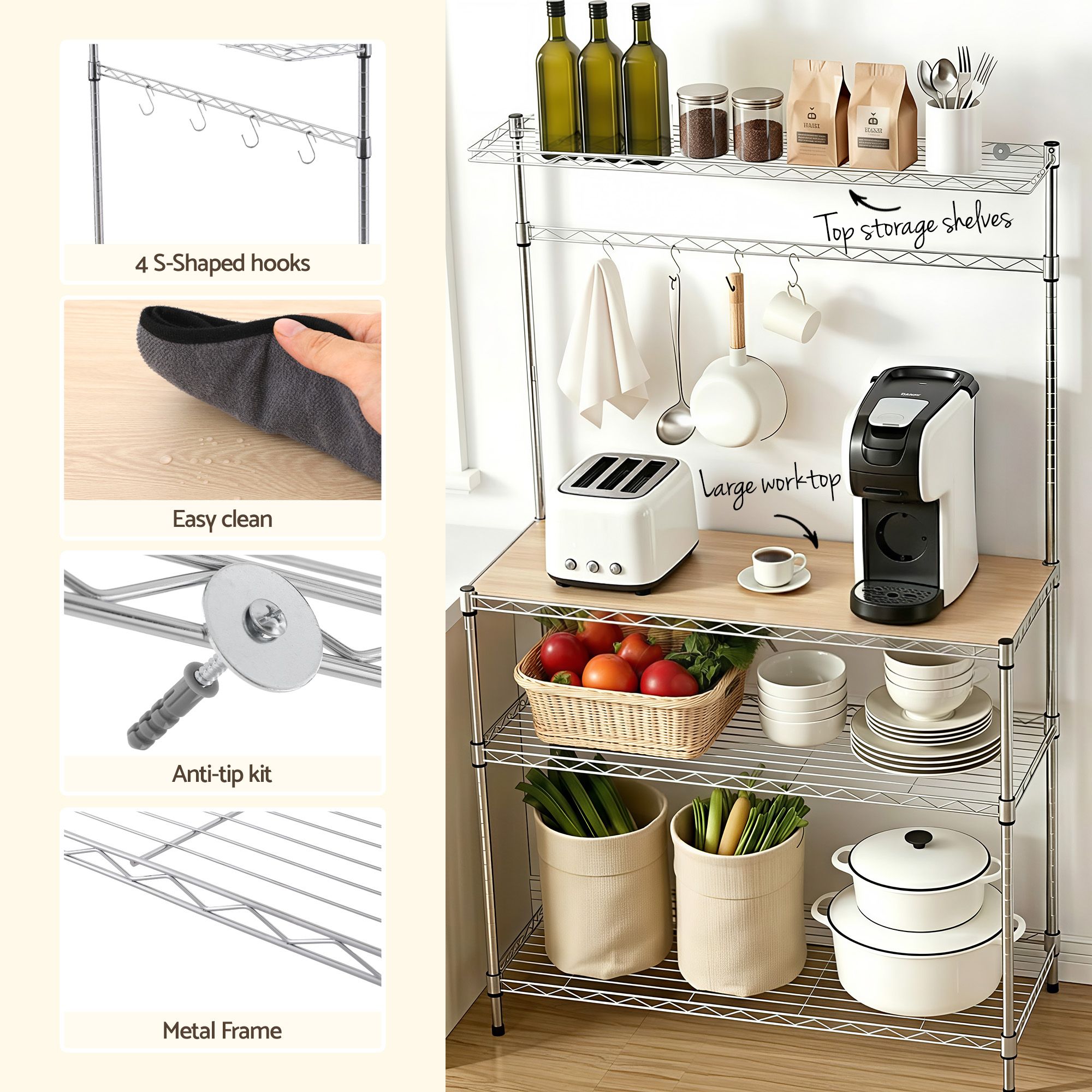 Artiss 4-Tier Metal Kitchen Rack & Microwave Stand - Silver