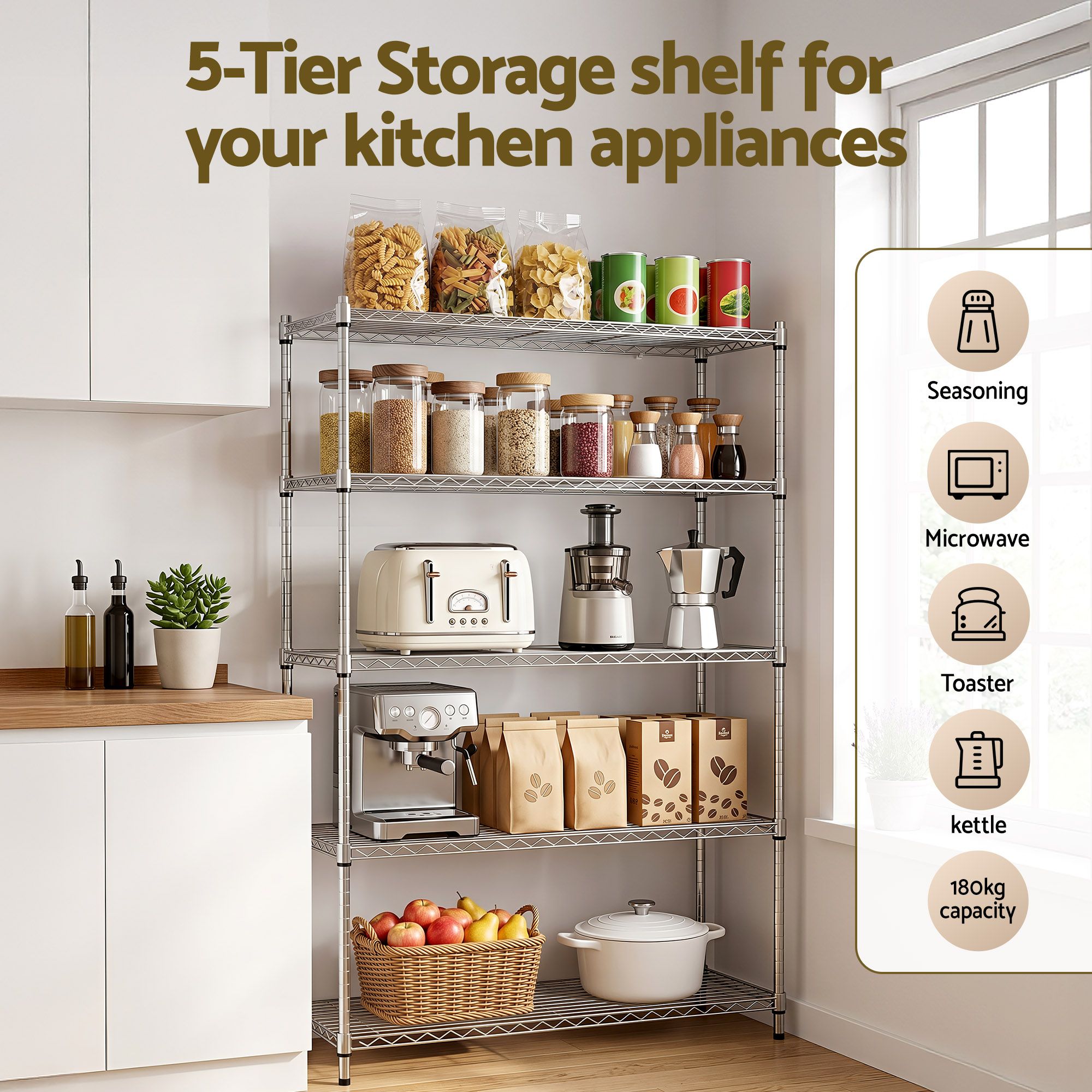 Artiss 5-Tier Adjustable Kitchen Rack 120x45x179cm