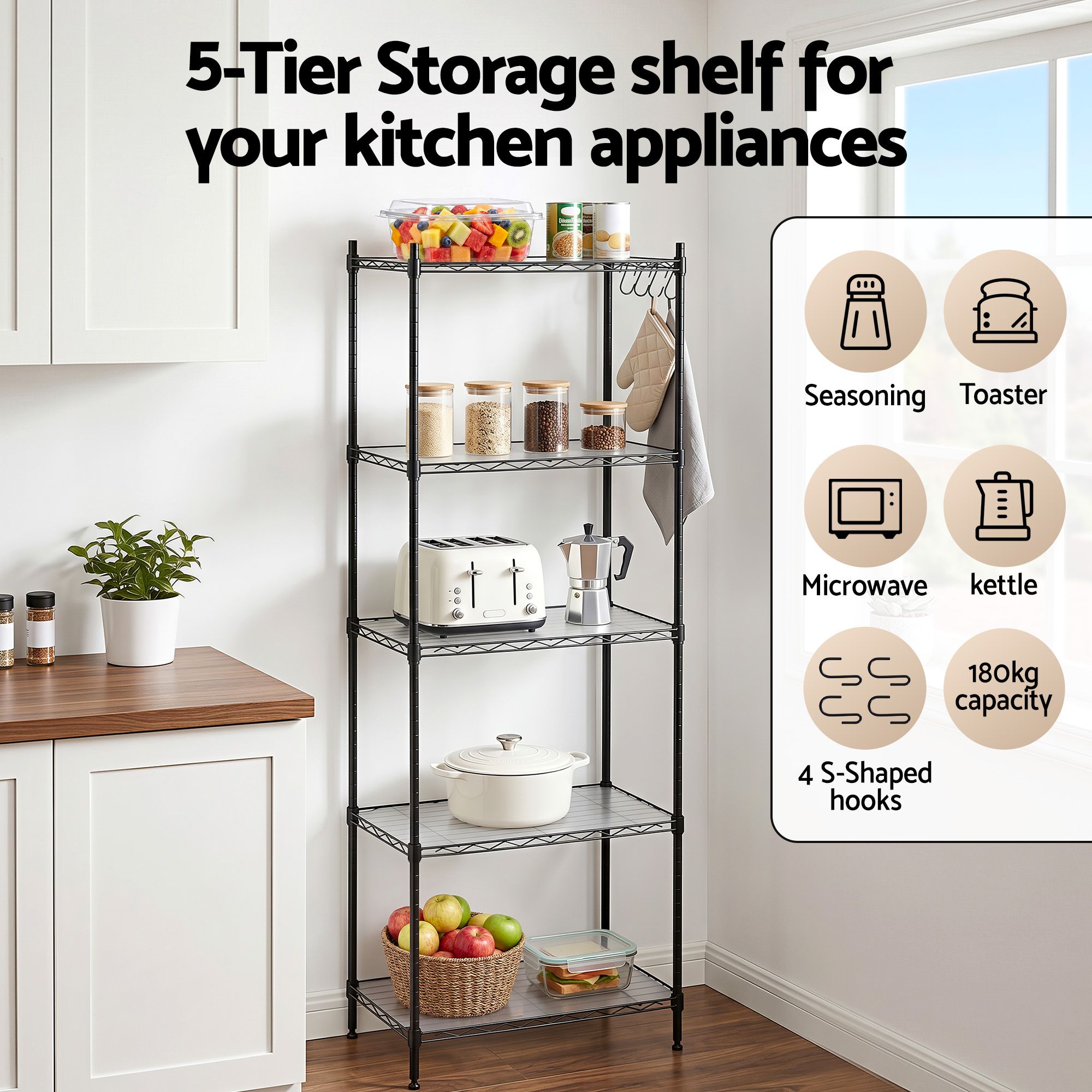 Artiss 5-Tier Adjustable Kitchen Rack 55x30x150cm - Black