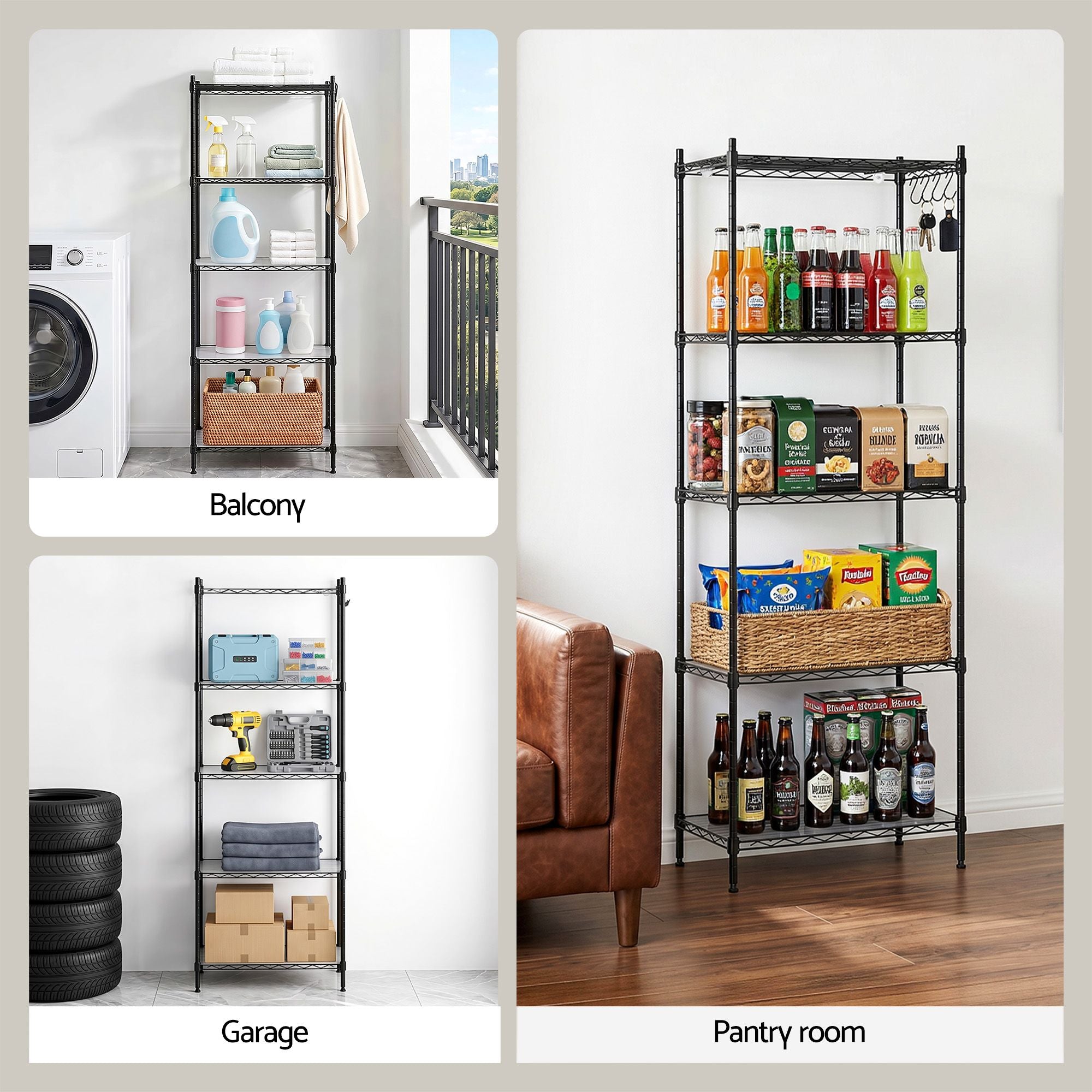 Artiss 5-Tier Adjustable Kitchen Rack 55x30x150cm - Black