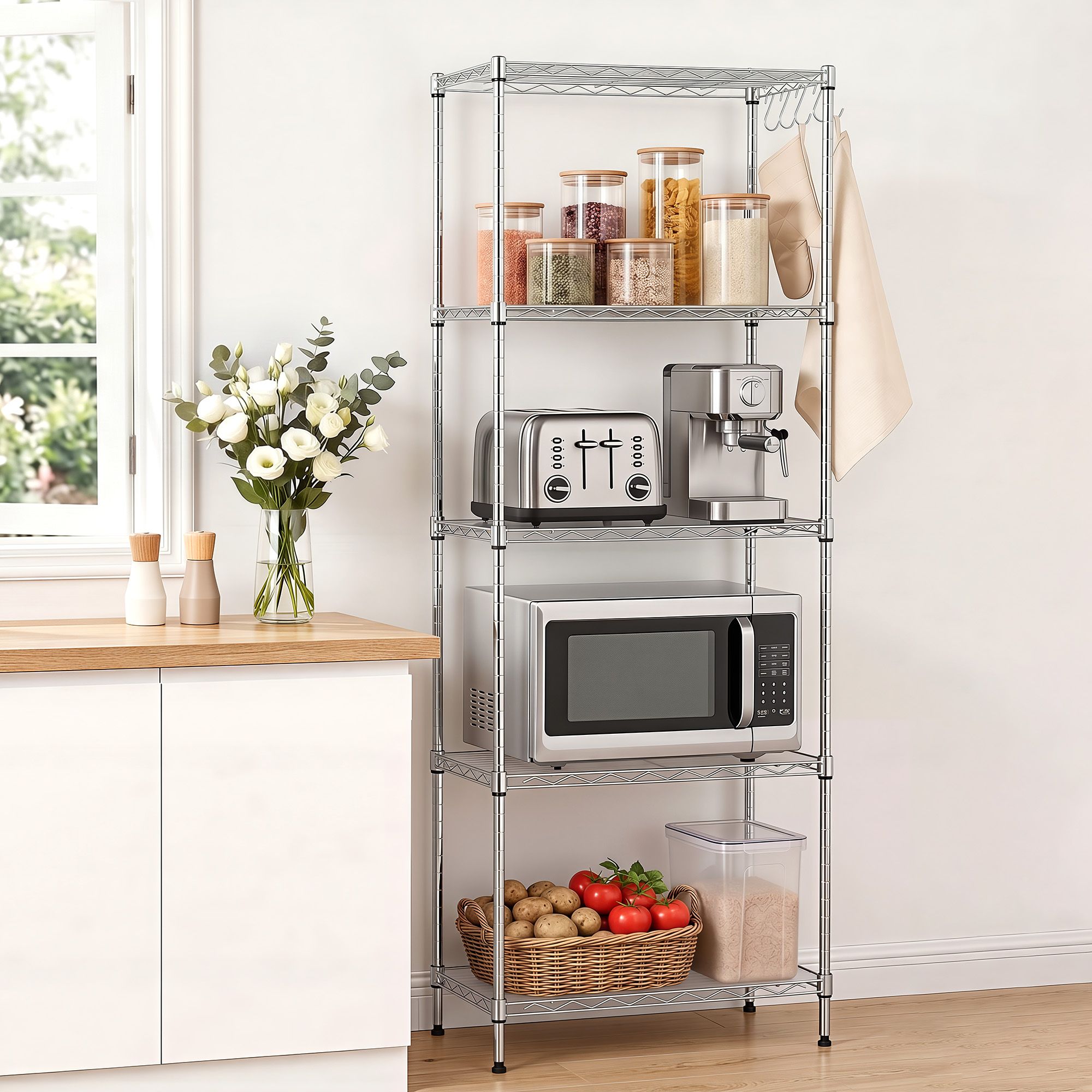 Artiss 5-Tier Adjustable Kitchen Rack 60x35x150cm - Silver