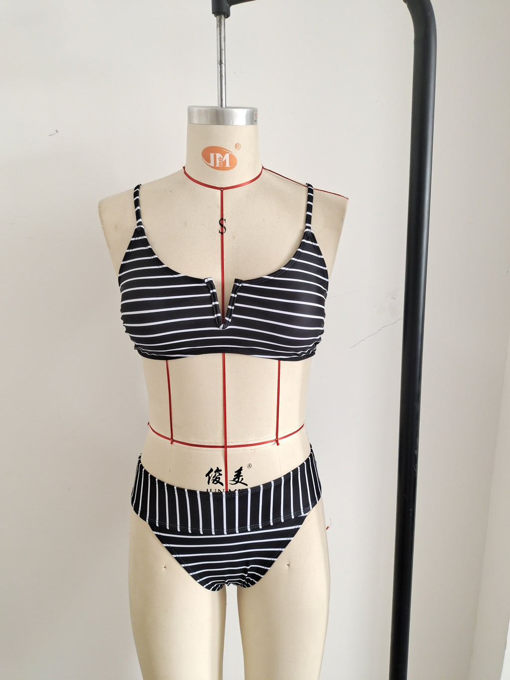 Women's Striped Deep-V Bikini Set – Black | Size S
