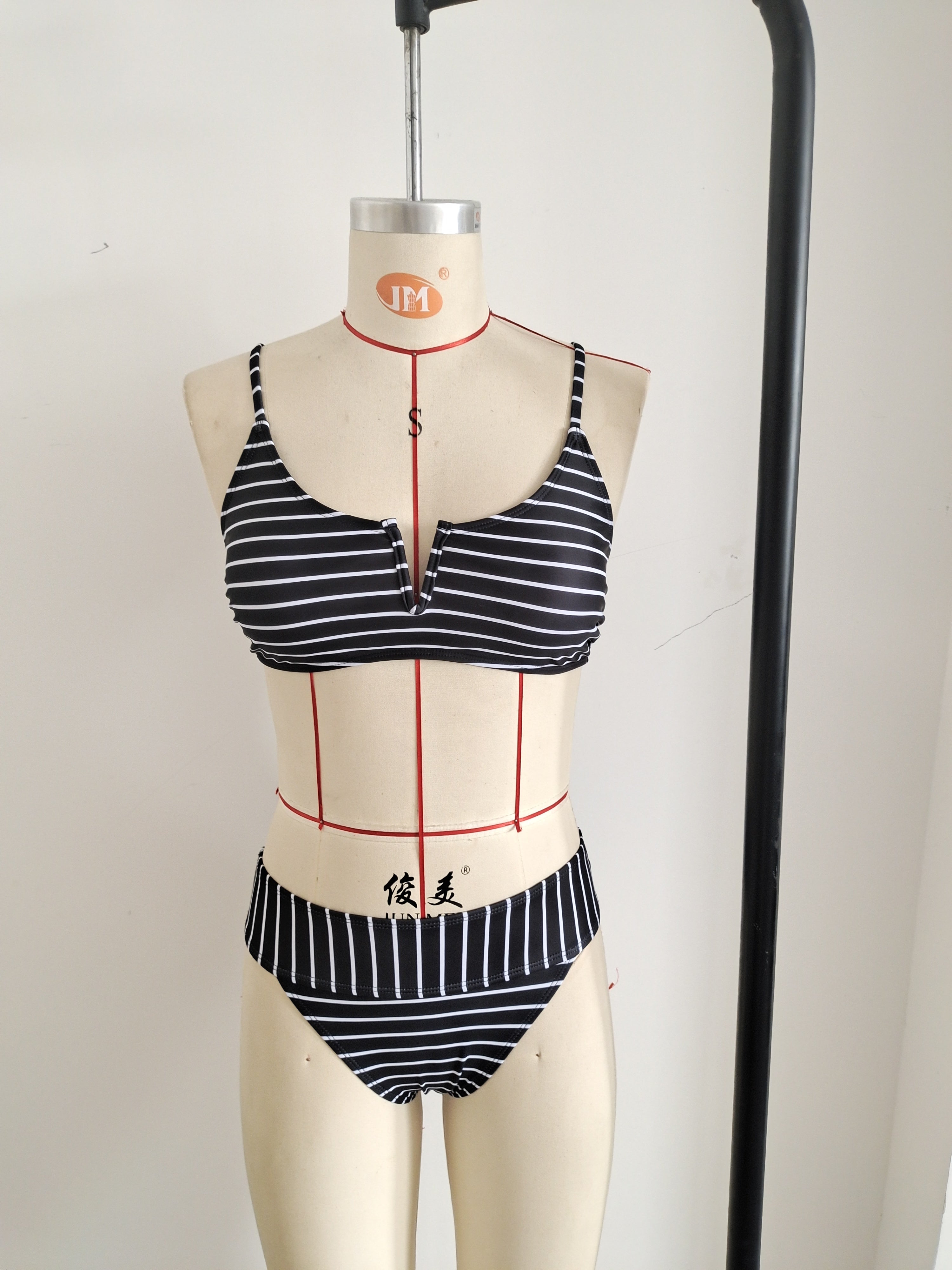 Women's Striped Deep-V Bikini Set – Black | Size S