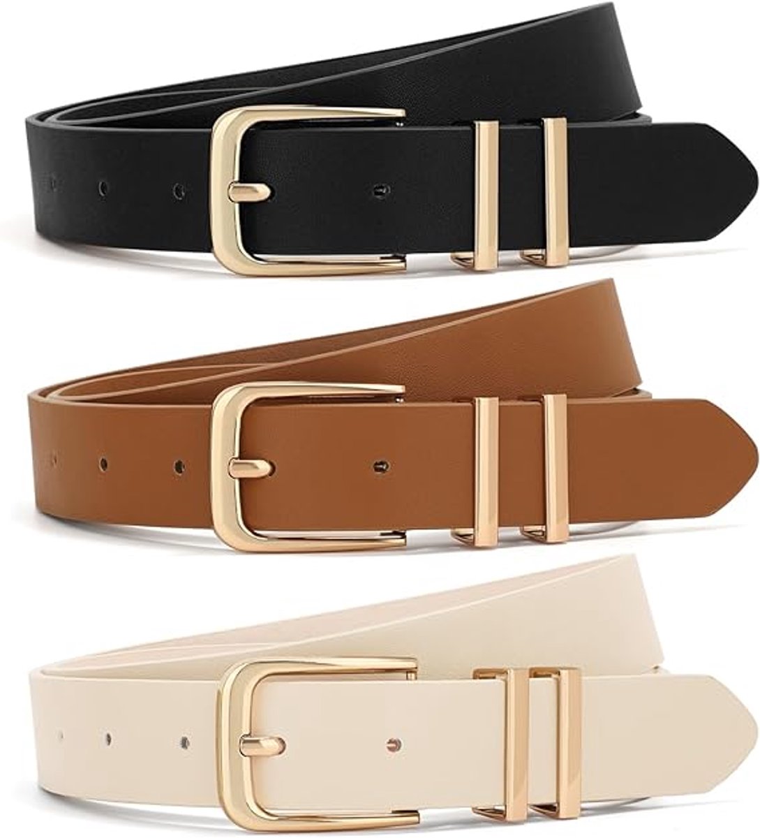 3-Piece Women's Leather Belt Set – Gold Buckle 110cm