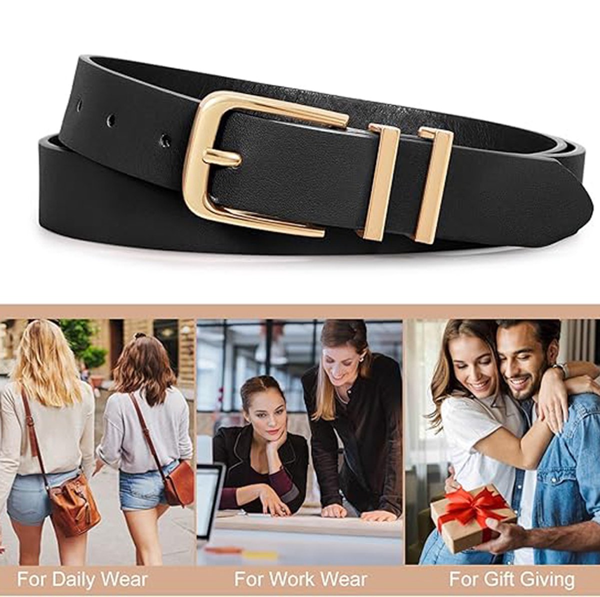 3-Piece Women's Leather Belt Set – Gold Buckle 110cm