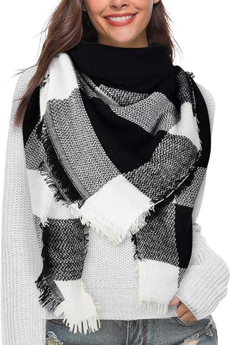 Women's Triangle Scarf – Large Checked Tassel Scarf Black & White