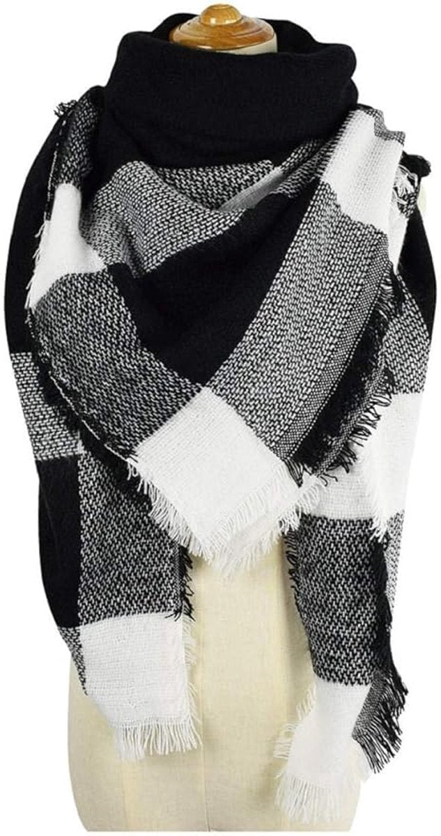 Women's Triangle Scarf – Large Checked Tassel Scarf Black & White