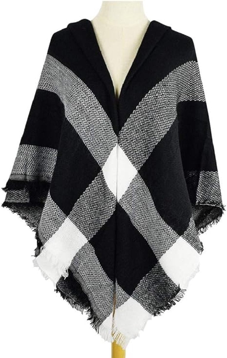 Women's Triangle Scarf – Large Checked Tassel Scarf Black & White