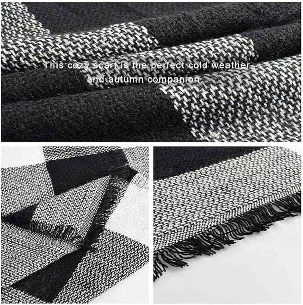 Women's Triangle Scarf – Large Checked Tassel Scarf Black & White