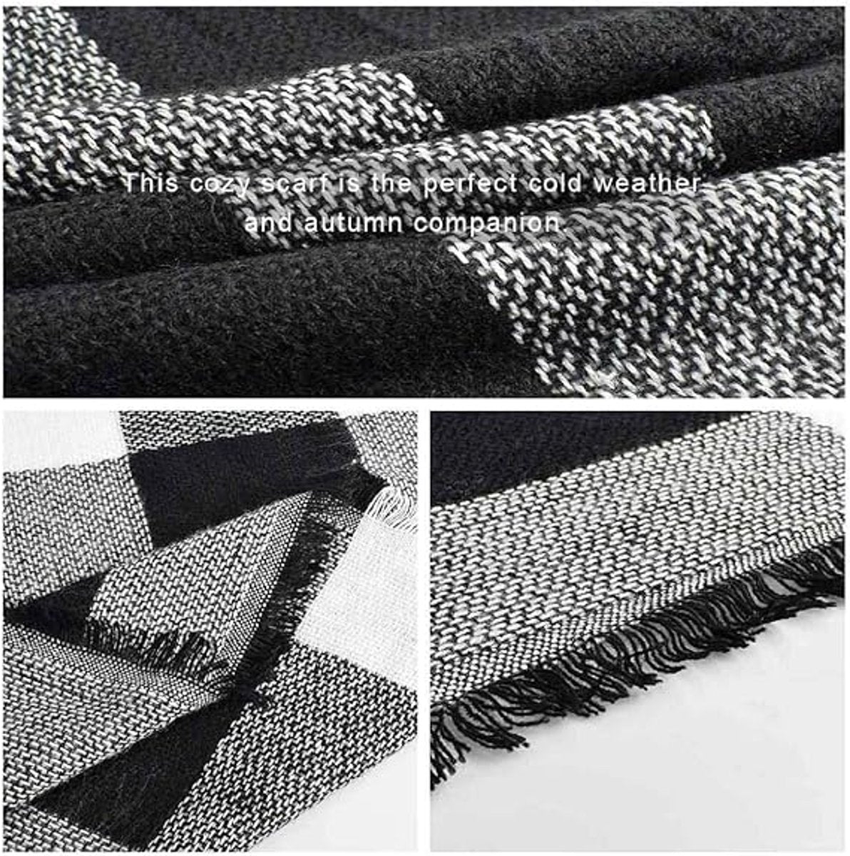 Women's Triangle Scarf – Large Checked Tassel Scarf Black & White