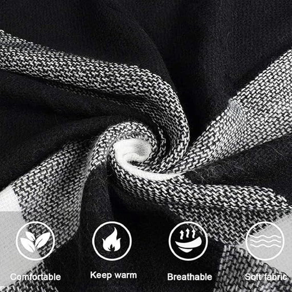 Women's Triangle Scarf – Large Checked Tassel Scarf Black & White