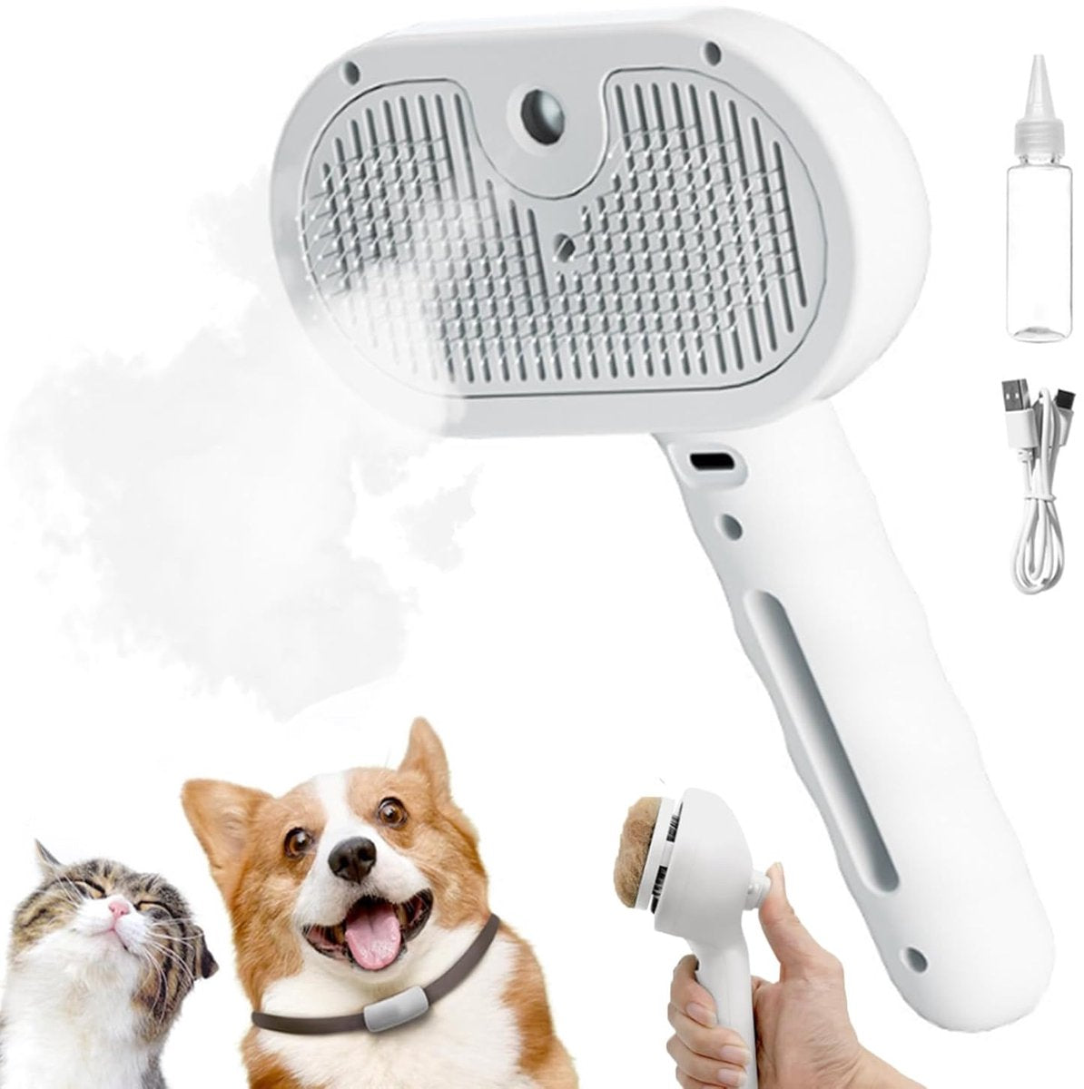 3-in-1 Pet Steam Spray Grooming Brush - White