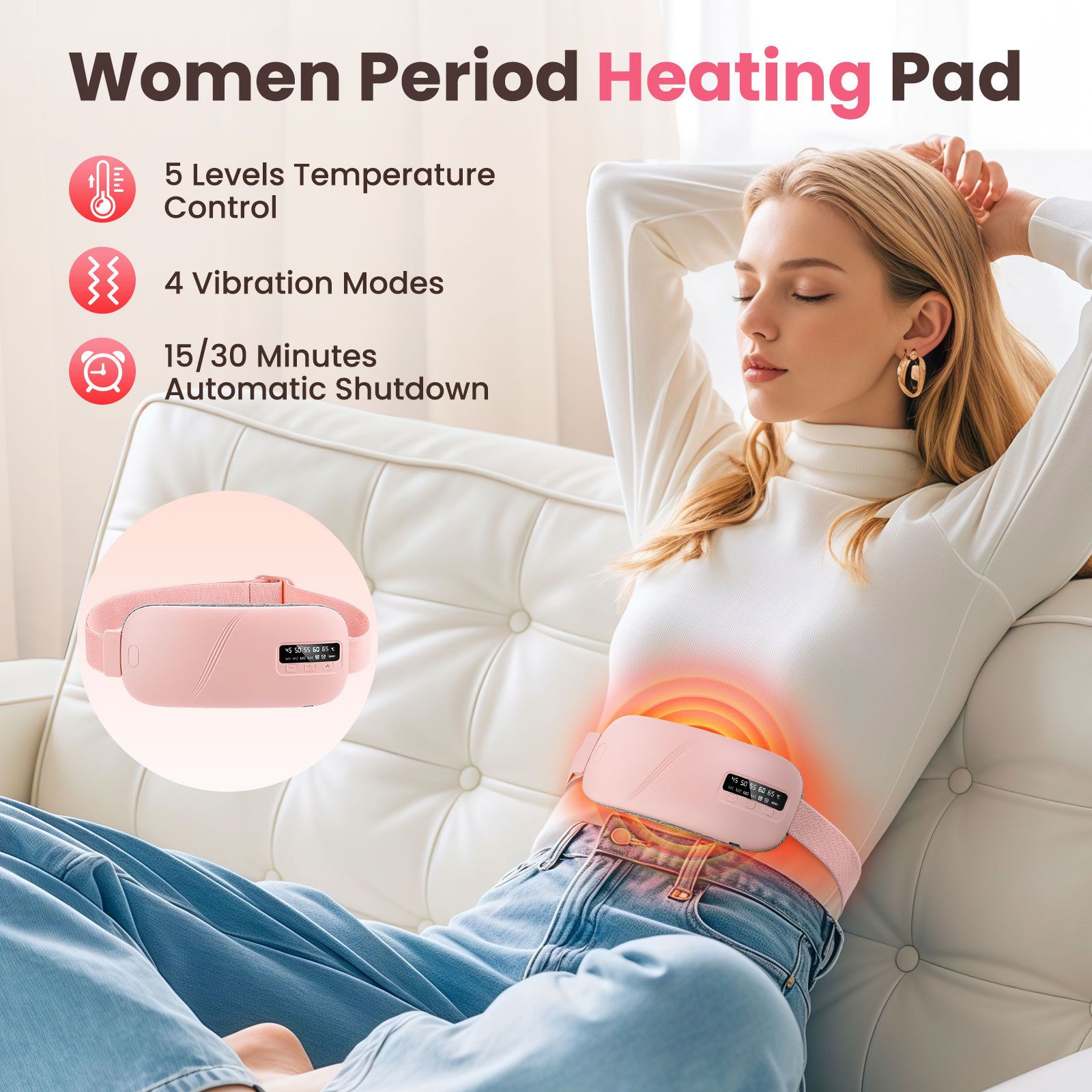 Cordless Women Period Heating Pad for Back & Belly Pain - Pink