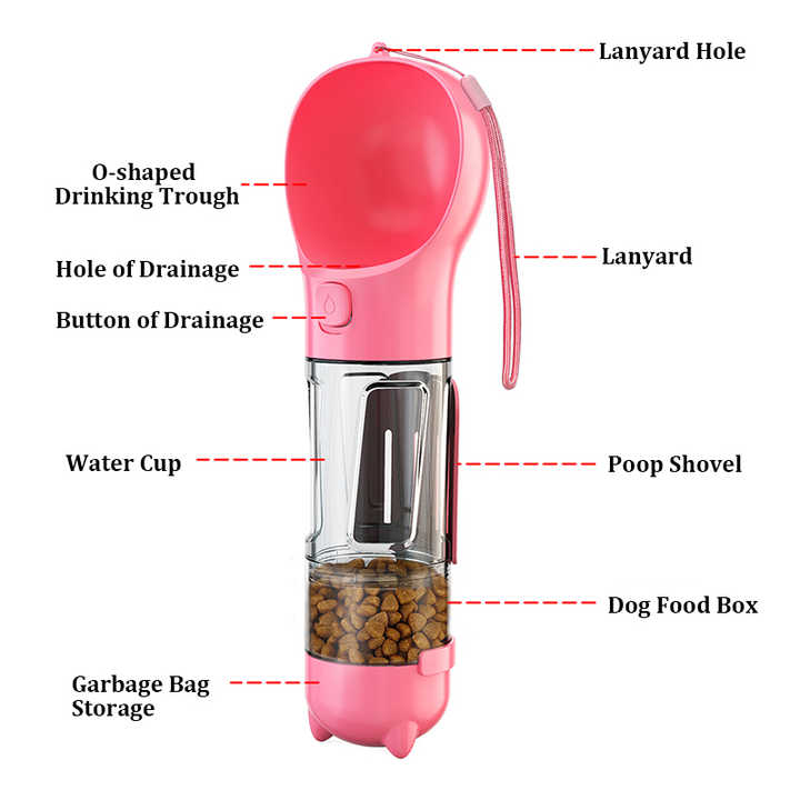 Portable Pet Water Bottle & Feeder 500ml - Pink