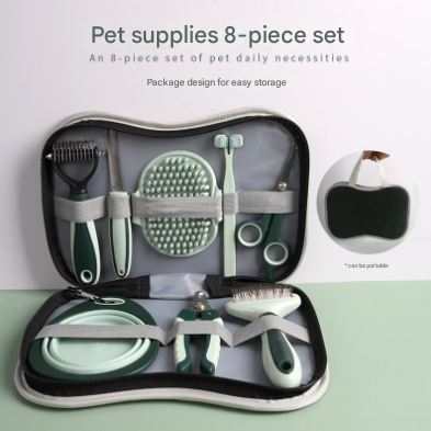 8-Piece Complete Pet Grooming Kit - Grey & Green
