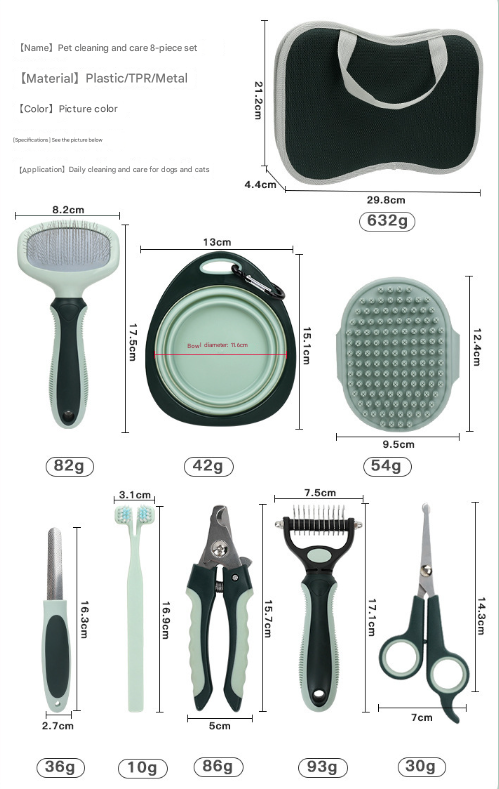 8-Piece Complete Pet Grooming Kit - Grey & Green