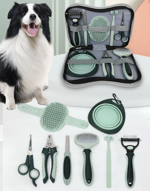 8-Piece Complete Pet Grooming Kit - Grey & Green