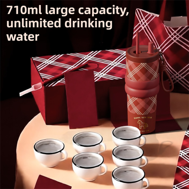 Black British Equestrian Plaid 710ML Insulated Travel Mug with Dual-Drink Lid, Straw & Straw Cap - 316 Stainless Steel Car Coffee Tumbler with Tea Water Separator Ball and Matching Protective Sleeve (Delux Gift Box)