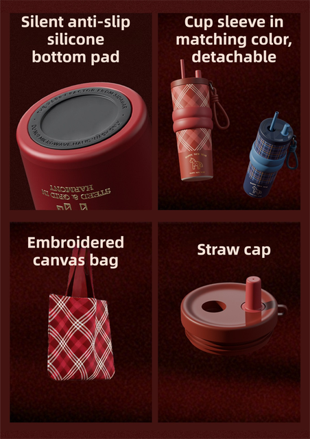 Black British Equestrian Plaid 710ML Insulated Travel Mug with Dual-Drink Lid, Straw & Straw Cap - 316 Stainless Steel Car Coffee Tumbler with Tea Water Separator Ball and Matching Protective Sleeve (Delux Gift Box)