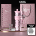 710ML Pink Luxury Gradient Textured Aurora Starry Night Insulated Travel Mug (Bow Pendant Gift Box) – Ceramic Liner Car Coffee Tumbler with Pop-Up Straw Dual Lid, Sinking Tea Infuser Ball and Cup Sleeve