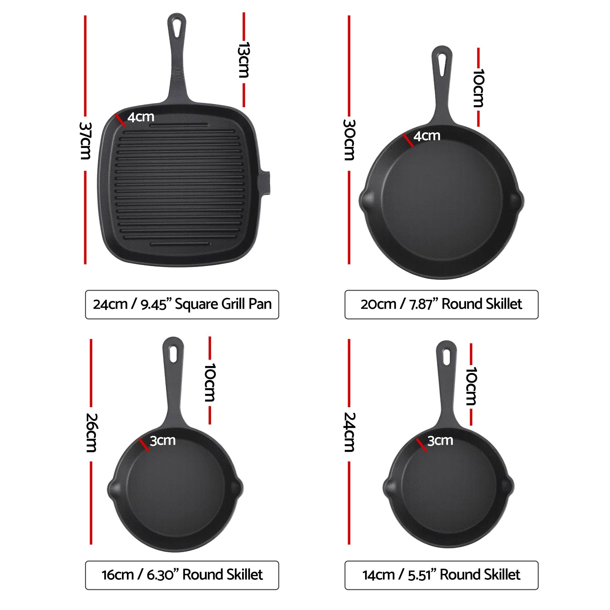 5-Star Chef Cast Iron Fry Pan Set - 4 Sizes