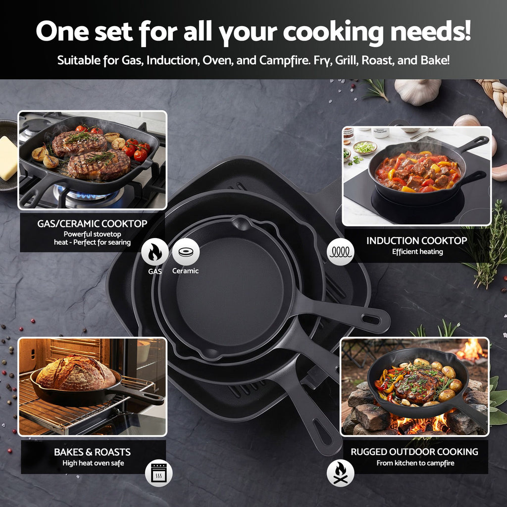 5-Star Chef Cast Iron Fry Pan Set - 4 Sizes